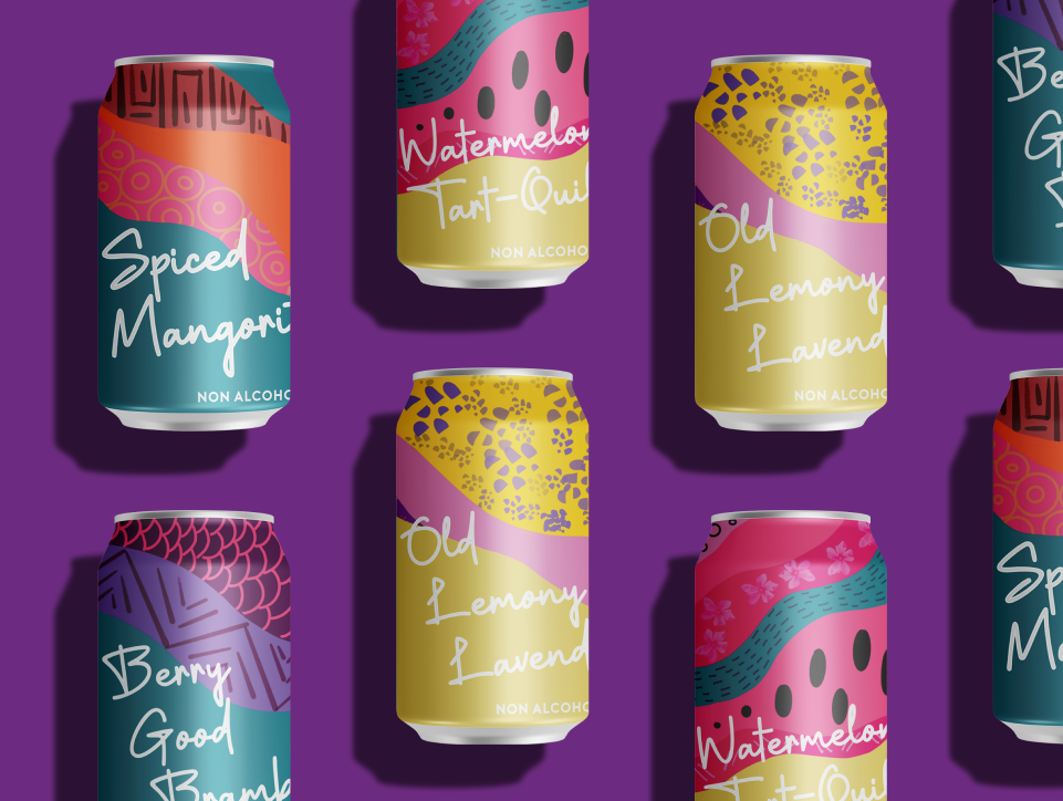 A grid of A Mockery canned Mocktails with a purple background